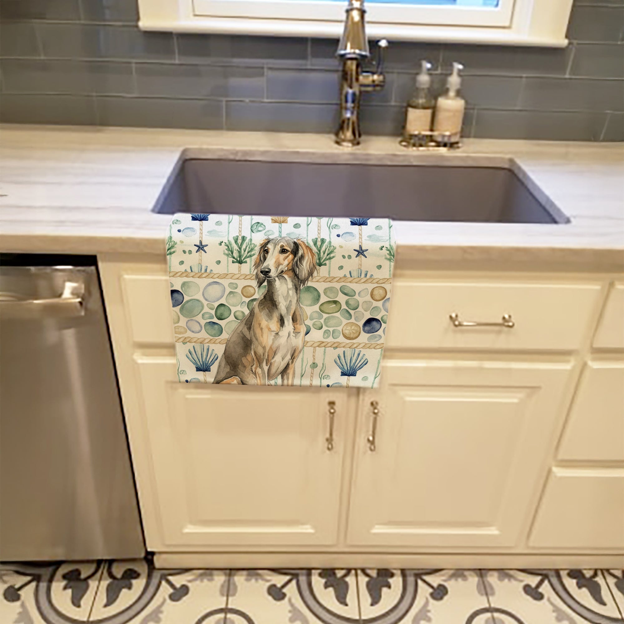 Grizzle Saluki Coastal Sea Glass Kitchen Towel Velour Plush Front and Cotton Loop Back Machine Washable