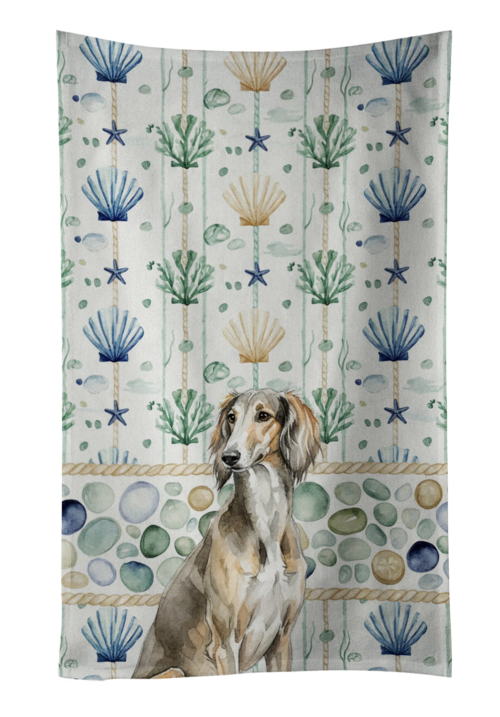 Grizzle Saluki Coastal Sea Glass Kitchen Towel Velour Plush Front and Cotton Loop Back Machine Washable