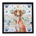 Red Saluki Coastal Sea Glass Framed Metal Print Bathroom, Kitchen, Office, Home Decor Wall Art Ready to Hang, Square, 8X8