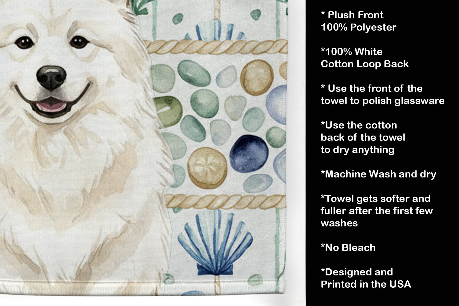 Cream Samoyed Coastal Sea Glass Kitchen Towel Velour Plush Front and Cotton Loop Back Machine Washable