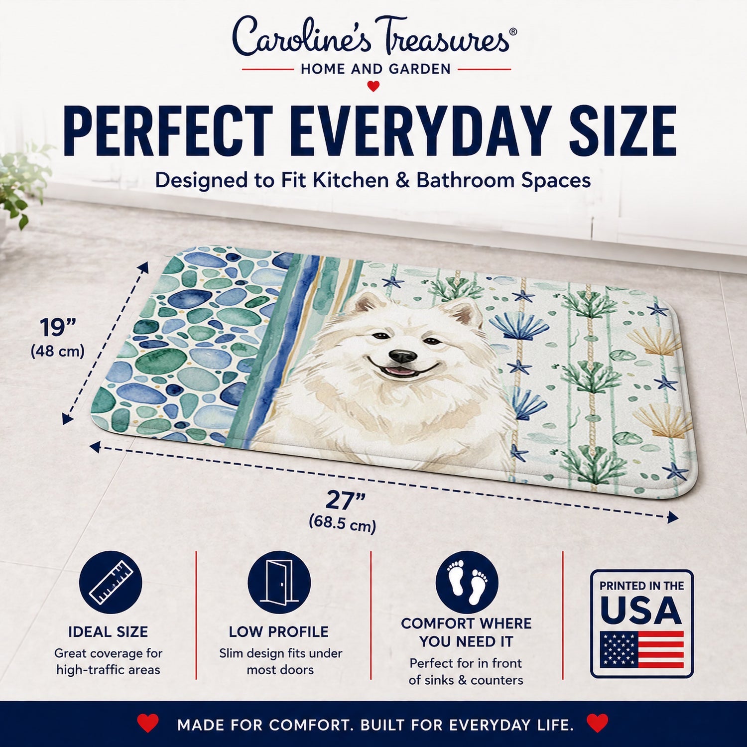 Cream Samoyed Coastal Sea Glass Memory Foam Kitchen Mat Machine Washable Anti-Fatigue Cushion Comfort Bath or Kitchen Rug