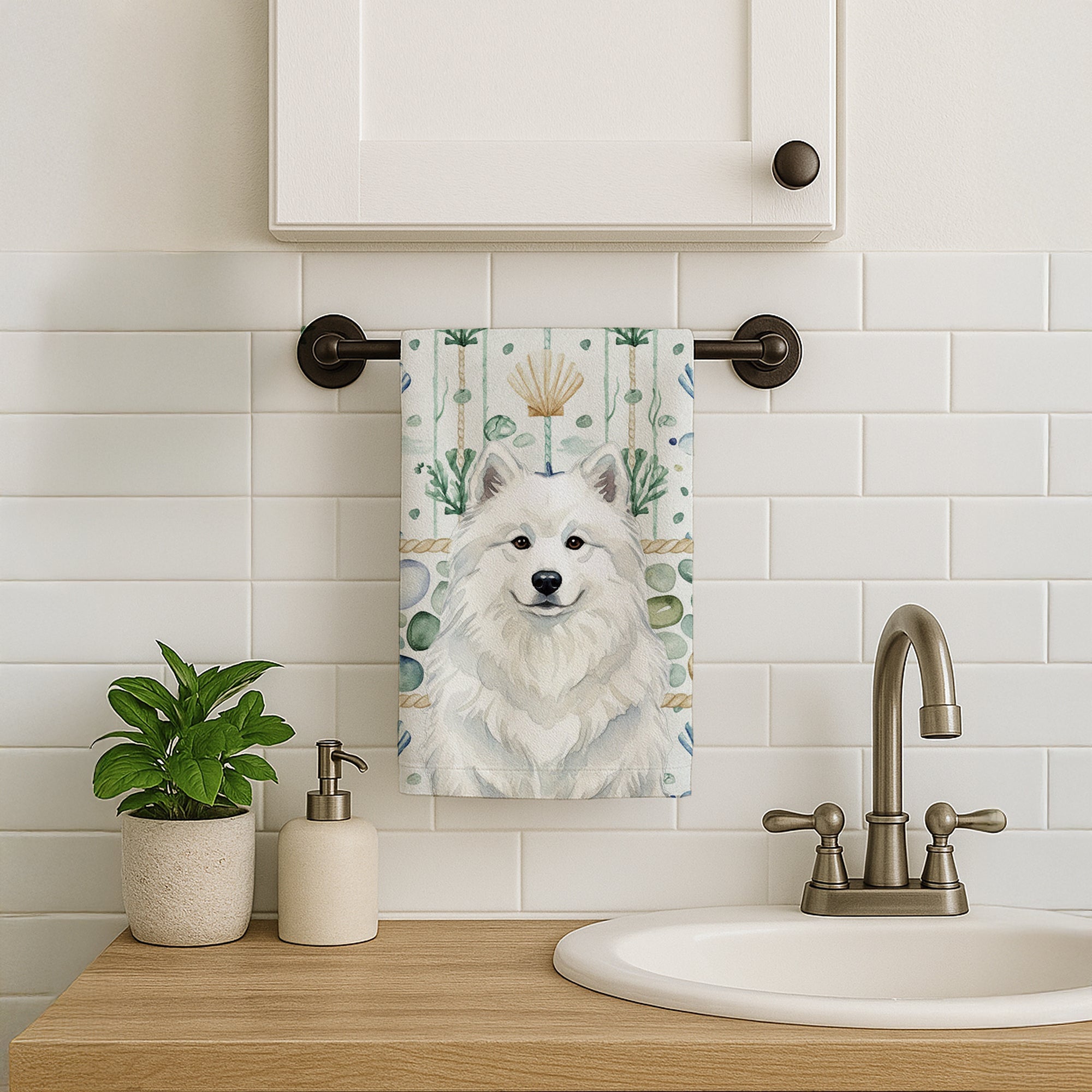 White Samoyed Coastal Sea Glass Kitchen Towel Velour Plush Front and Cotton Loop Back Machine Washable