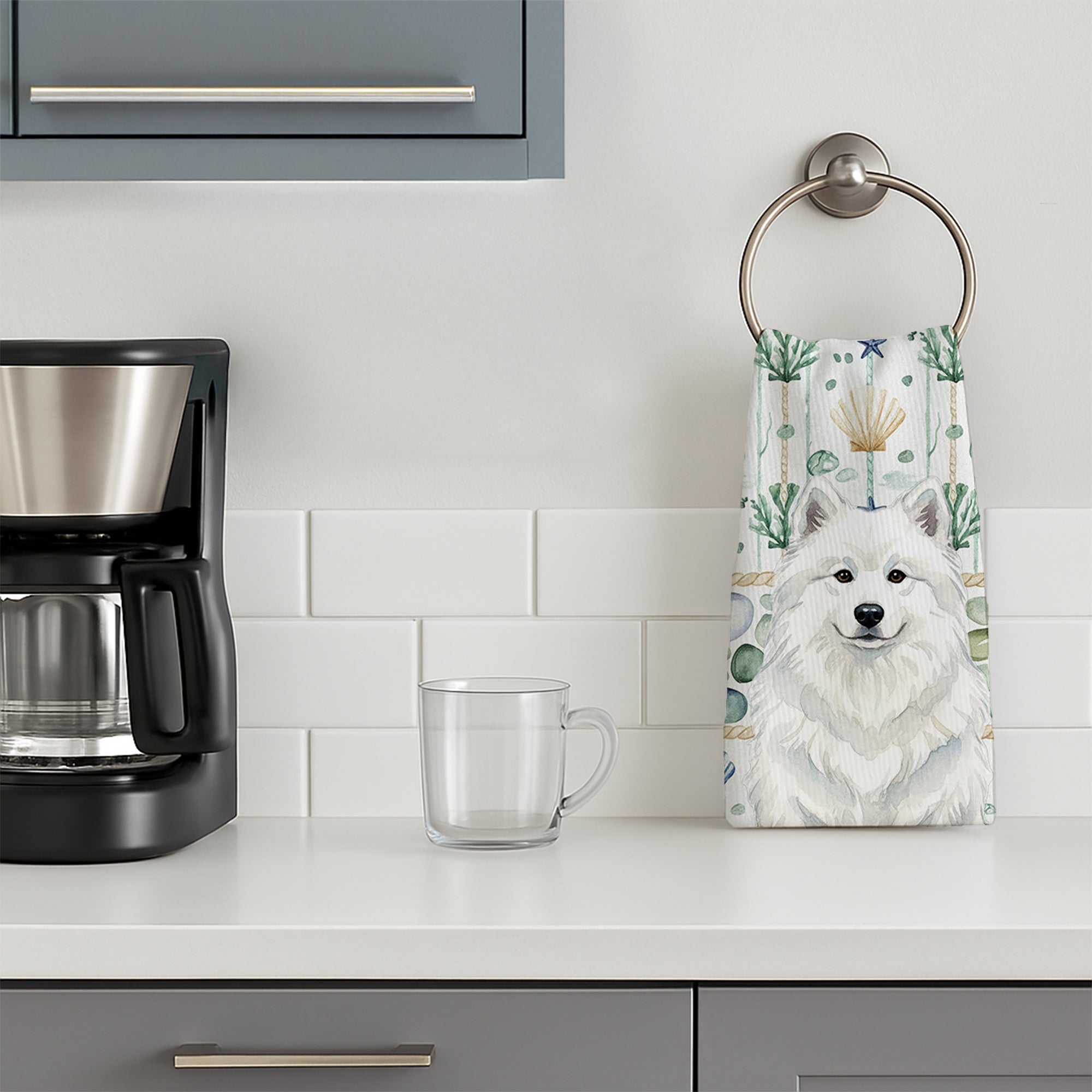 White Samoyed Coastal Sea Glass Kitchen Towel Velour Plush Front and Cotton Loop Back Machine Washable