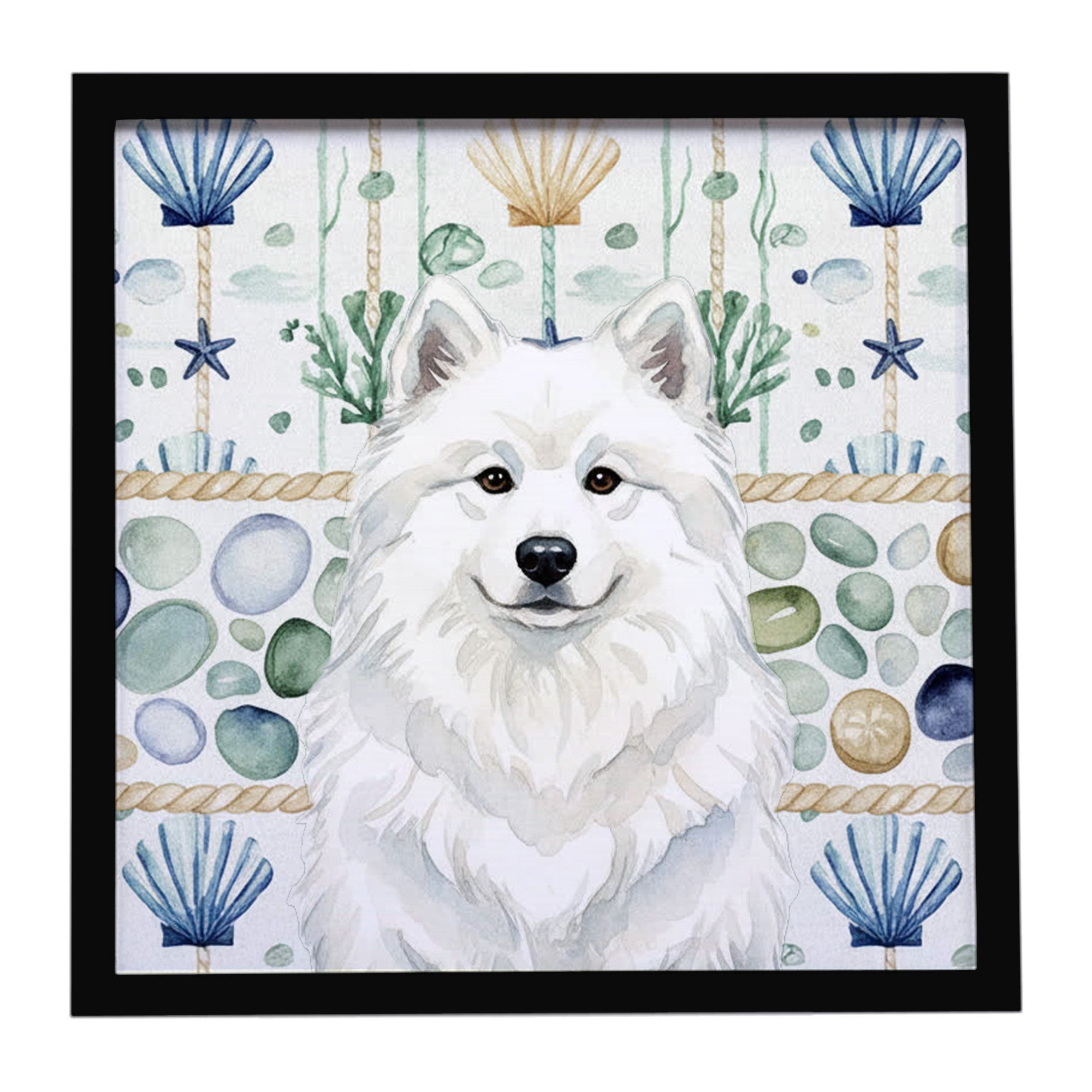 White Samoyed Coastal Sea Glass Framed Metal Print Bathroom, Kitchen, Office, Home Decor Wall Art Ready to Hang, Square, 8X8
