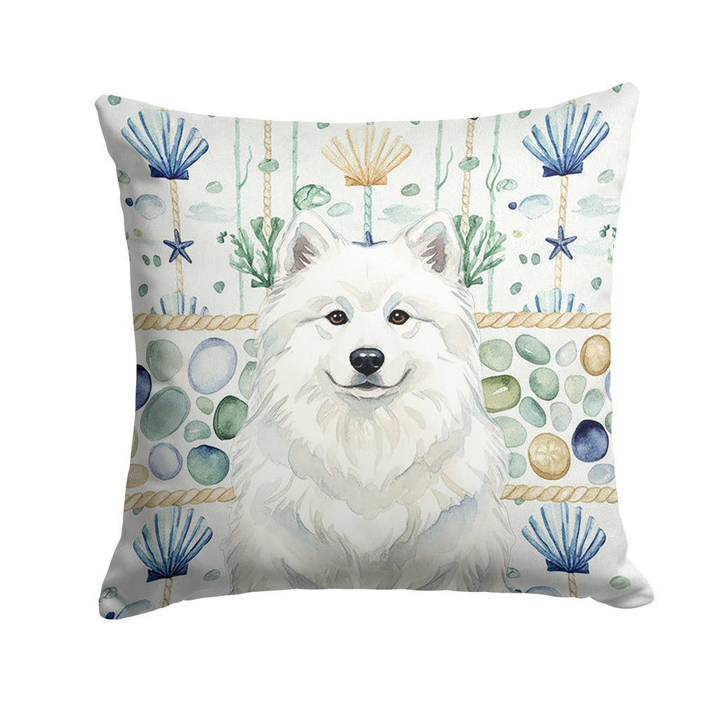 White Samoyed Coastal Sea Glass Decorative Throw Pillow 14x14 Indoor Outdoor Accent Cushion, Fabric Cover with Insert for Sofa, Bed, Porch & Living Room