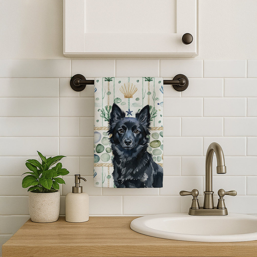 Schipperke Coastal Sea Glass Kitchen Towel Velour Plush Front and Cotton Loop Back Machine Washable