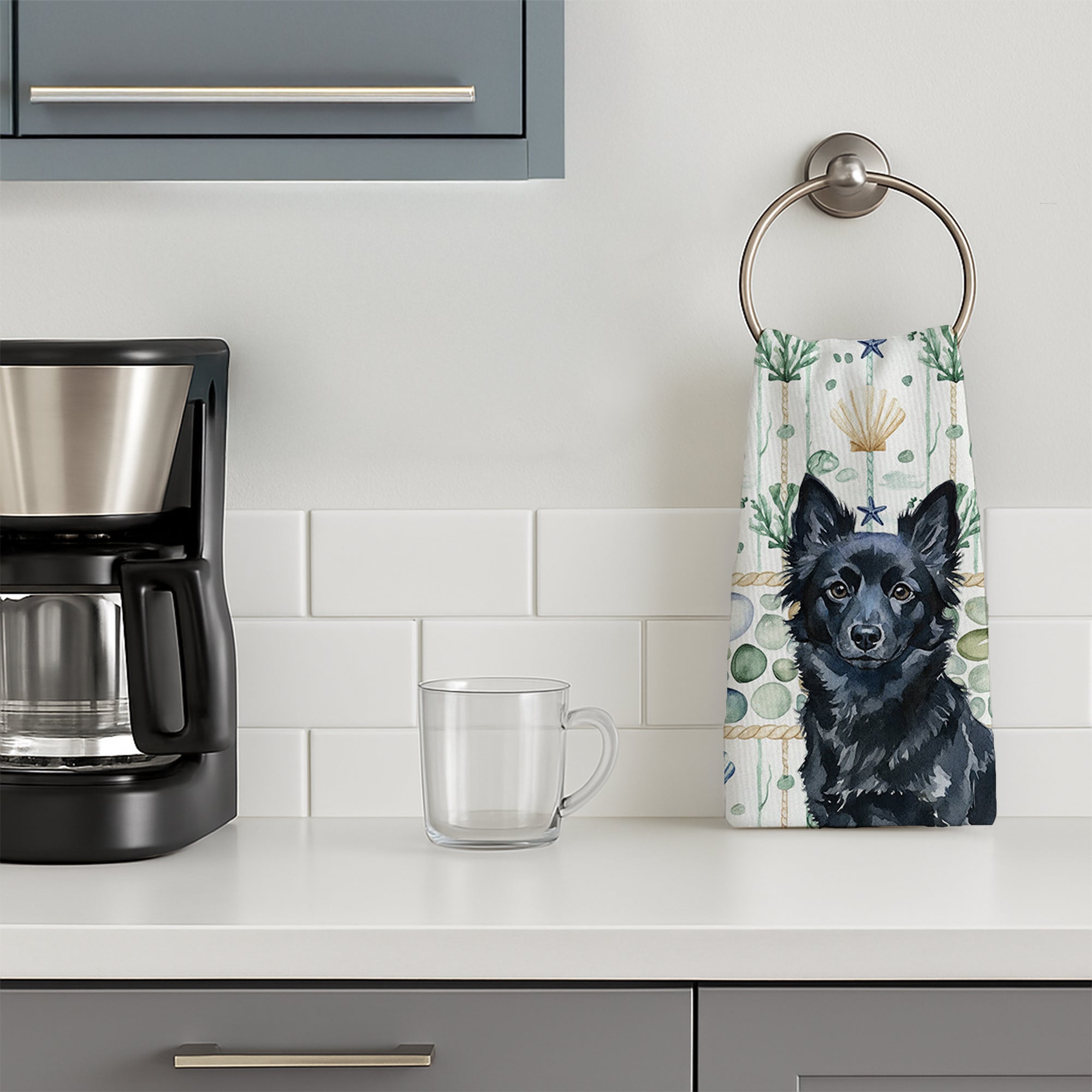 Schipperke Coastal Sea Glass Kitchen Towel Velour Plush Front and Cotton Loop Back Machine Washable