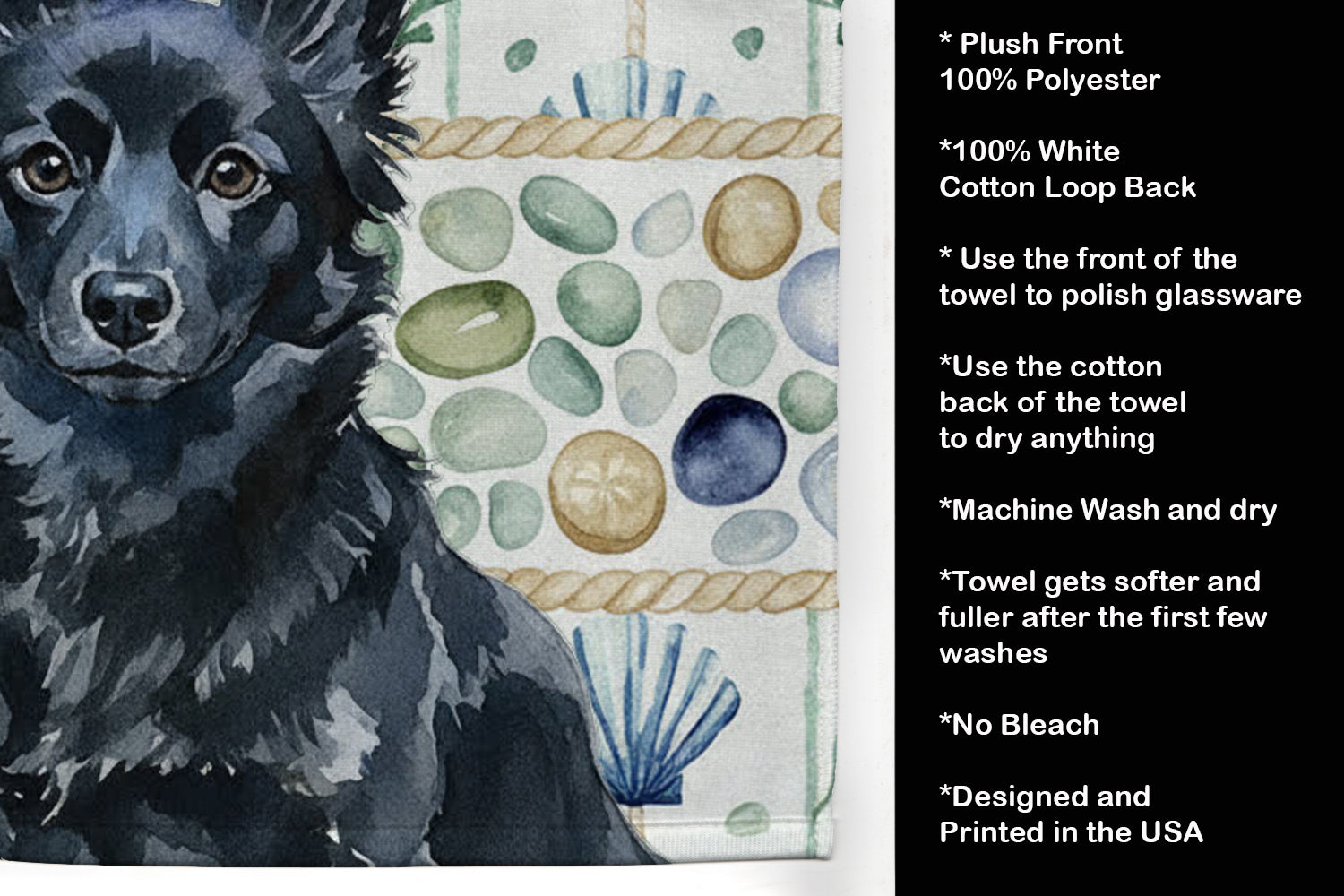 Schipperke Coastal Sea Glass Kitchen Towel Velour Plush Front and Cotton Loop Back Machine Washable