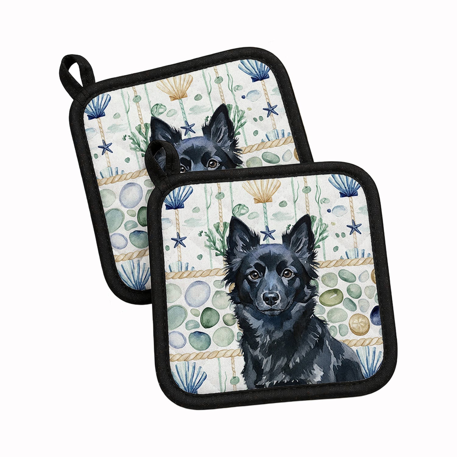 Schipperke Coastal Sea Glass Pot Holder Set of 2 Heat Resistant Quilted Hot Pads 7.5 x 7.5 Inch, Insulated Kitchen Trivets for Cooking & Baking