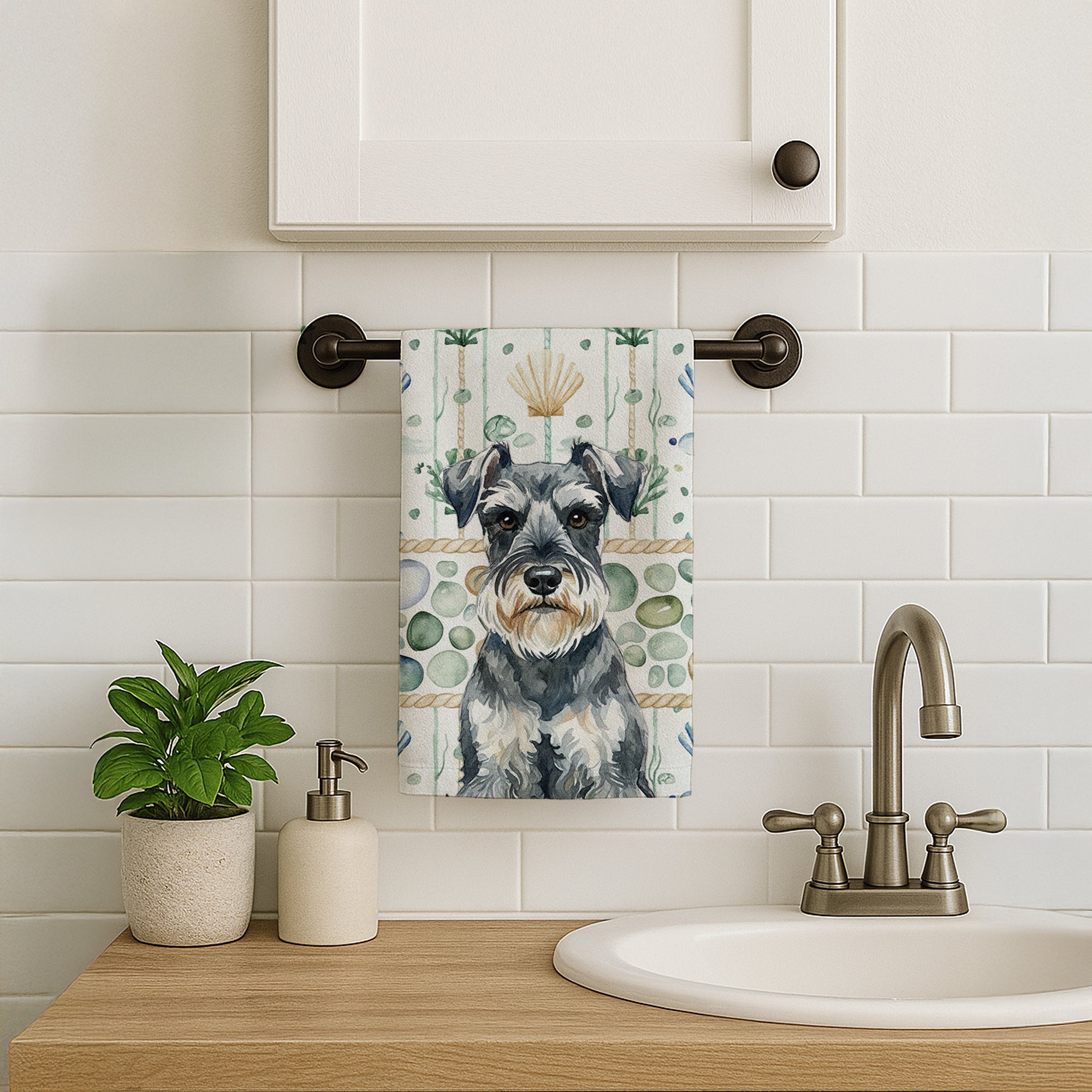 Schnauzer Coastal Sea Glass Kitchen Towel Velour Plush Front and Cotton Loop Back Machine Washable