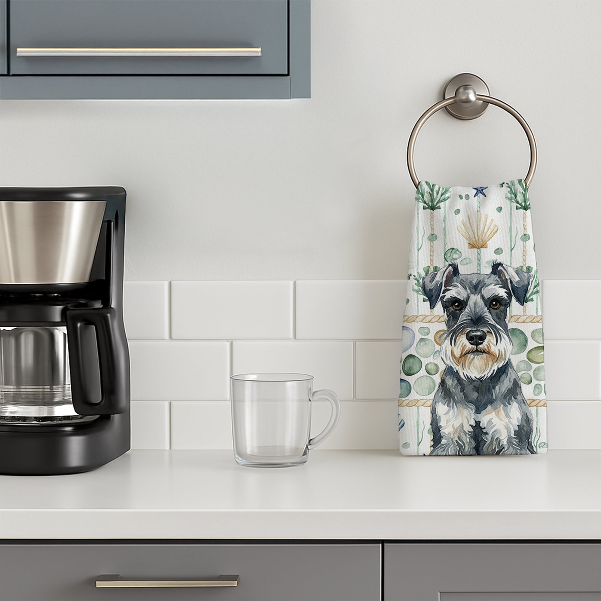Schnauzer Coastal Sea Glass Kitchen Towel Velour Plush Front and Cotton Loop Back Machine Washable