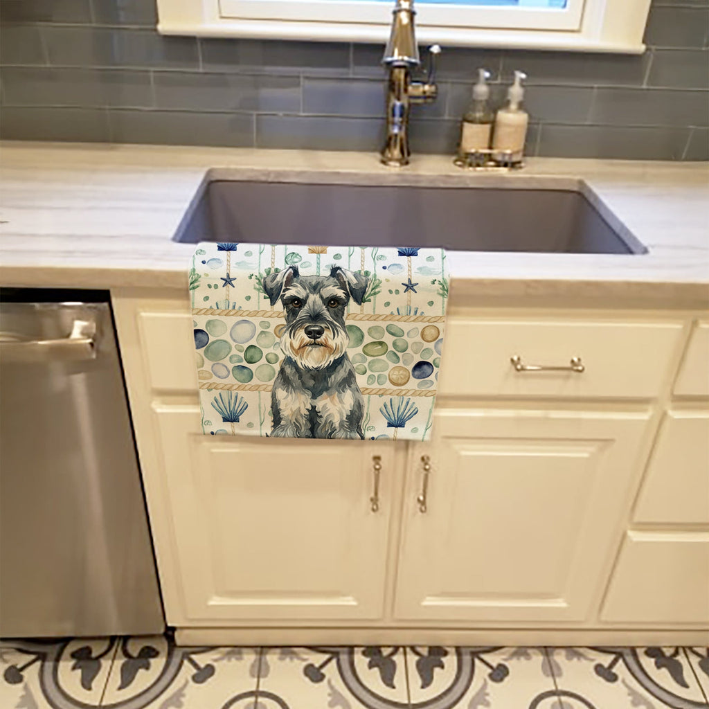 Schnauzer Coastal Sea Glass Kitchen Towel Velour Plush Front and Cotton Loop Back Machine Washable