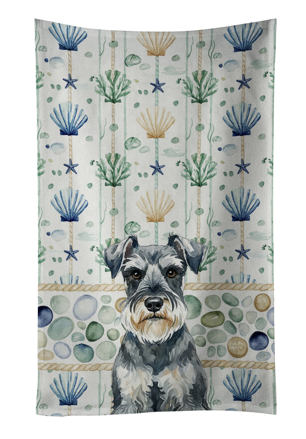 Schnauzer Coastal Sea Glass Kitchen Towel Velour Plush Front and Cotton Loop Back Machine Washable