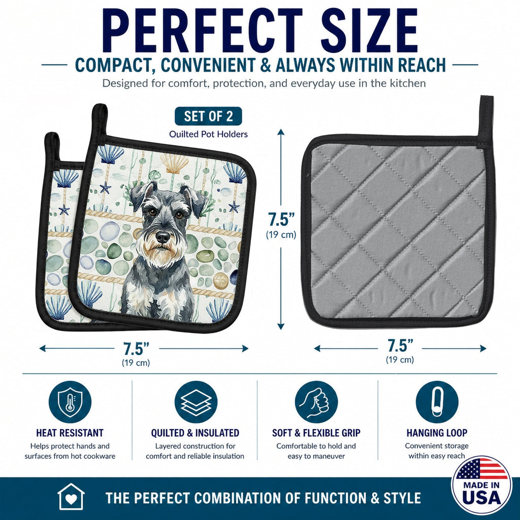 Schnauzer Coastal Sea Glass Pot Holder Set of 2 Heat Resistant Quilted Hot Pads 7.5 x 7.5 Inch, Insulated Kitchen Trivets for Cooking & Baking