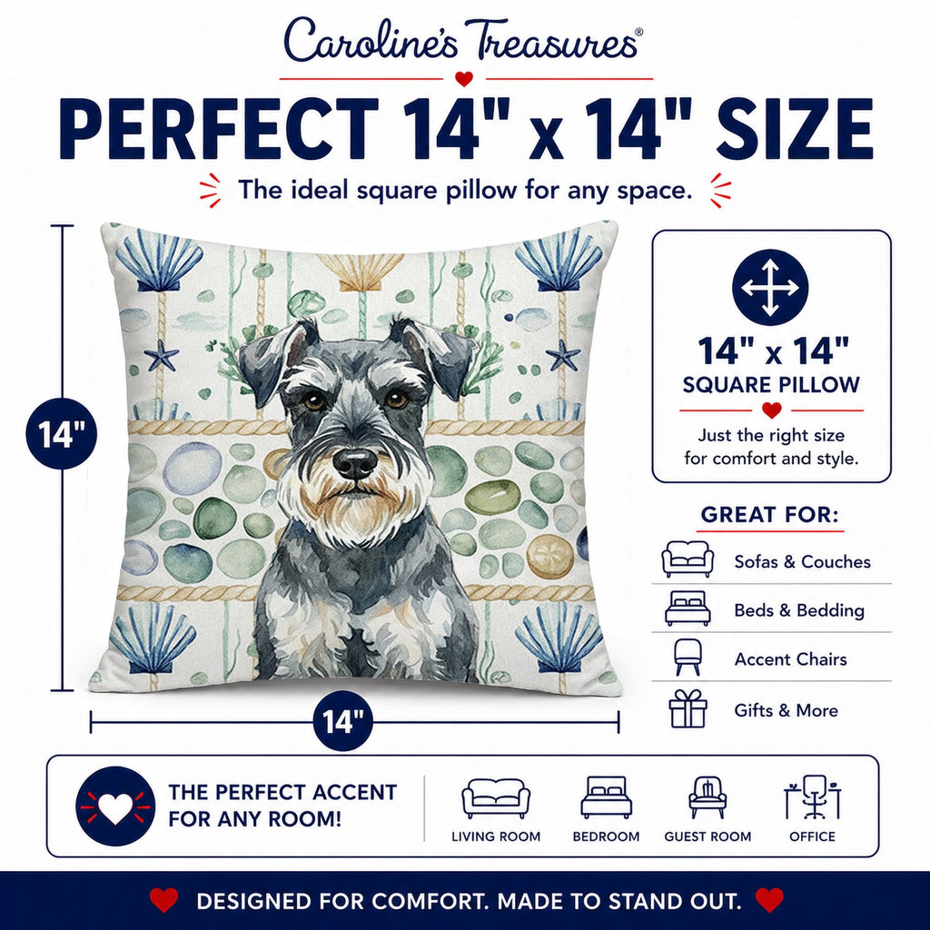 Schnauzer Coastal Sea Glass Decorative Throw Pillow 14x14 Indoor Outdoor Accent Cushion, Fabric Cover with Insert for Sofa, Bed, Porch & Living Room