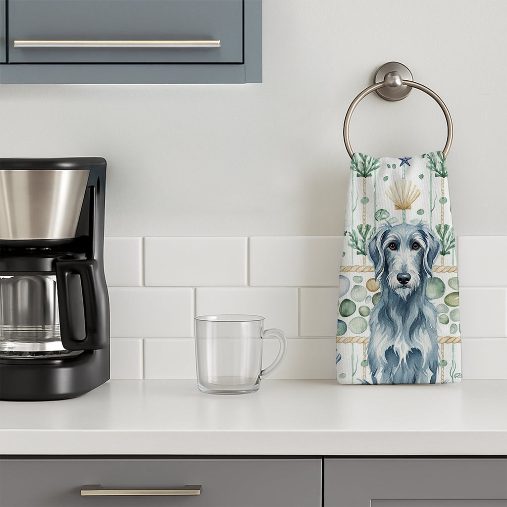 Blue-Gray Scottish Deerhound Coastal Sea Glass Kitchen Towel Velour Plush Front and Cotton Loop Back Machine Washable