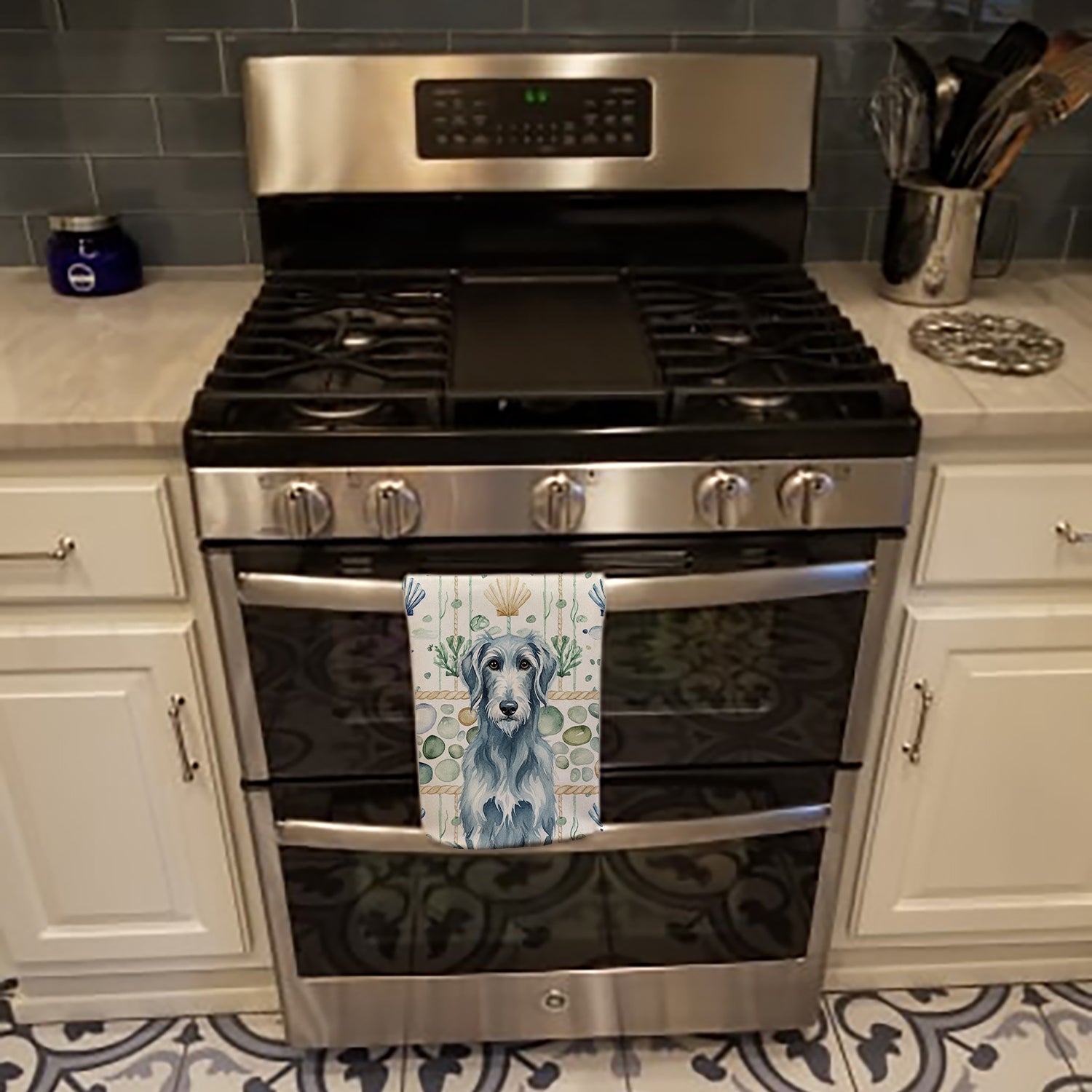 Blue-Gray Scottish Deerhound Coastal Sea Glass Kitchen Towel Velour Plush Front and Cotton Loop Back Machine Washable
