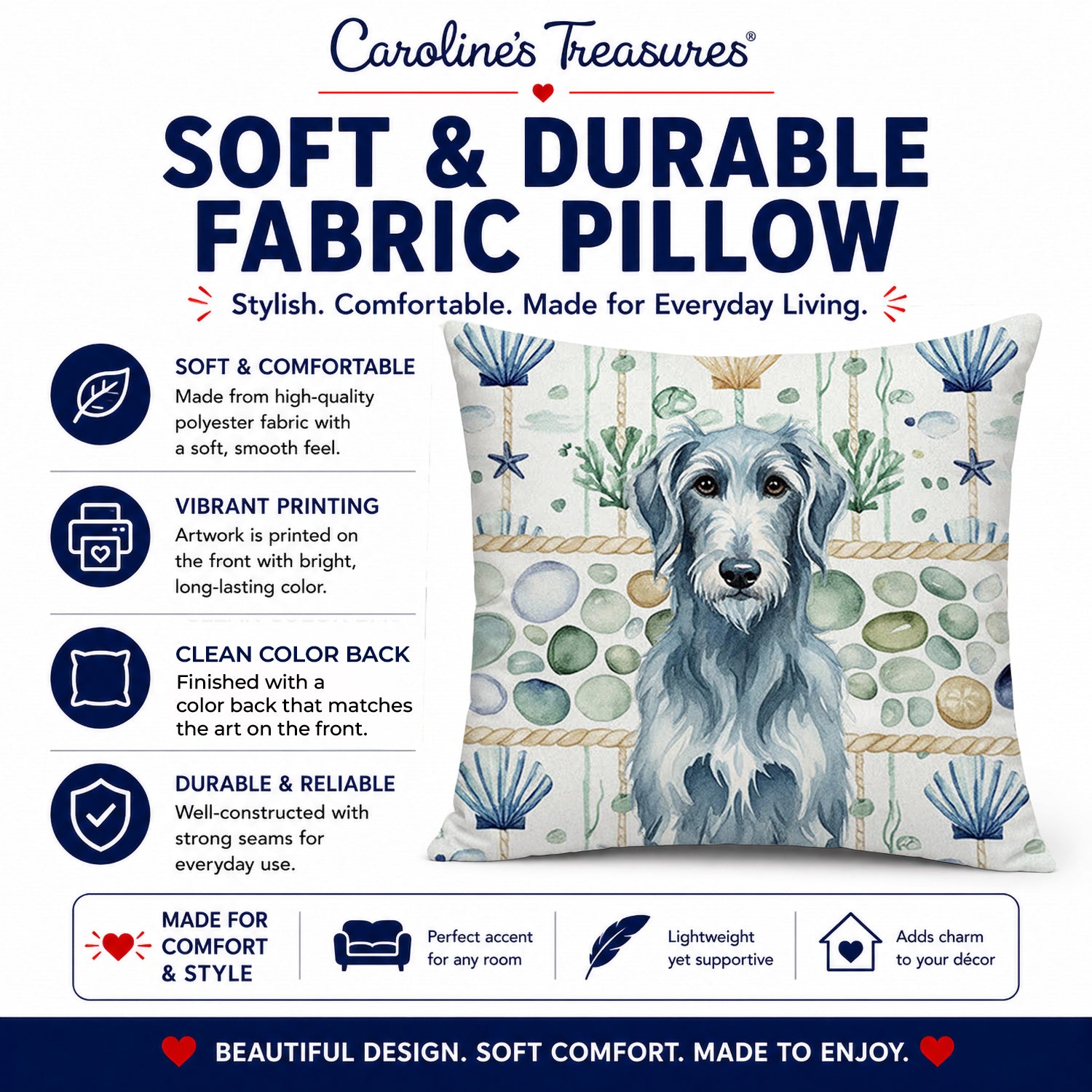 Blue-Gray Scottish Deerhound Coastal Sea Glass Decorative Throw Pillow 14x14 Indoor Outdoor Accent Cushion, Fabric Cover with Insert for Sofa, Bed, Porch & Living Room