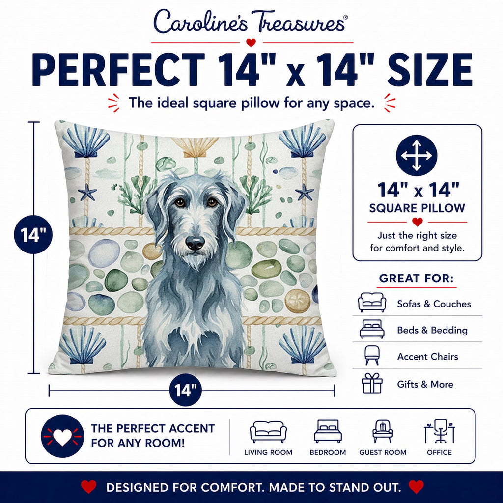 Blue-Gray Scottish Deerhound Coastal Sea Glass Decorative Throw Pillow 14x14 Indoor Outdoor Accent Cushion, Fabric Cover with Insert for Sofa, Bed, Porch & Living Room