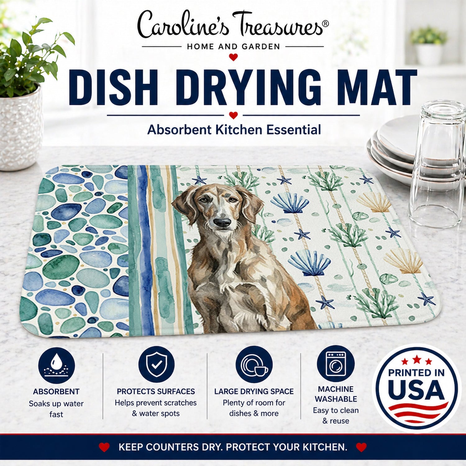 Brindle Scottish Deerhound Coastal Sea Glass Dish Drying Mat Absorbent Dish Drying Mat Pad for Kitchen Counter Dish Drainer Mat for Countertop, 14 x 21", Multicolor