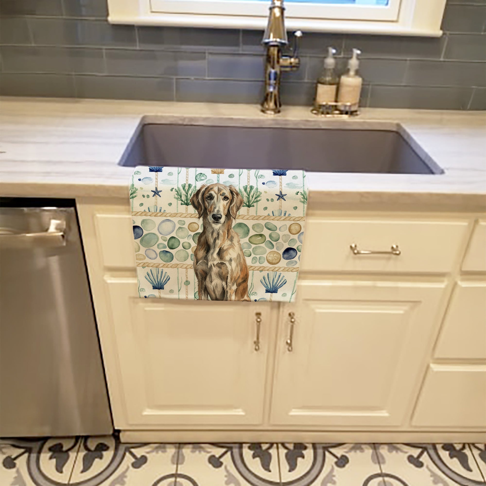 Brindle Scottish Deerhound Coastal Sea Glass Kitchen Towel Velour Plush Front and Cotton Loop Back Machine Washable