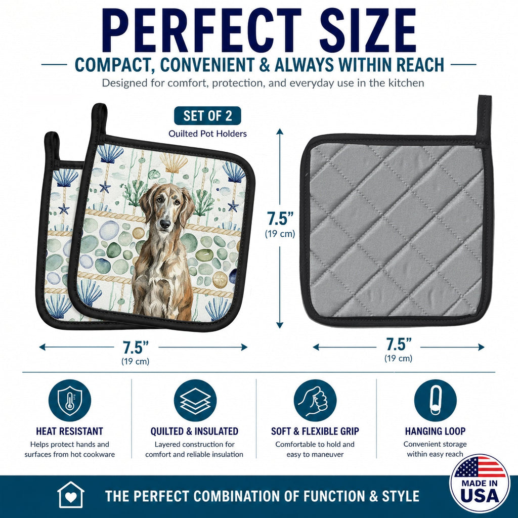 Brindle Scottish Deerhound Coastal Sea Glass Pot Holder Set of 2 Heat Resistant Quilted Hot Pads 7.5 x 7.5 Inch, Insulated Kitchen Trivets for Cooking & Baking