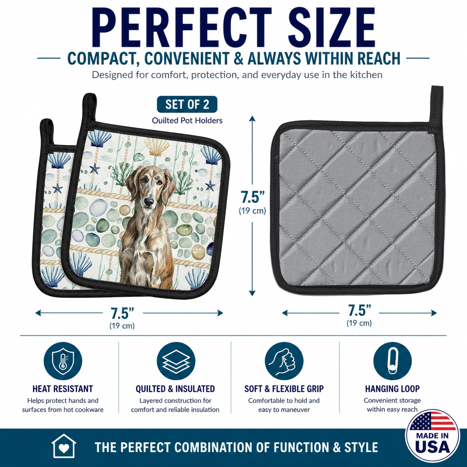 Brindle Scottish Deerhound Coastal Sea Glass Pot Holder Set of 2 Heat Resistant Quilted Hot Pads 7.5 x 7.5 Inch, Insulated Kitchen Trivets for Cooking & Baking