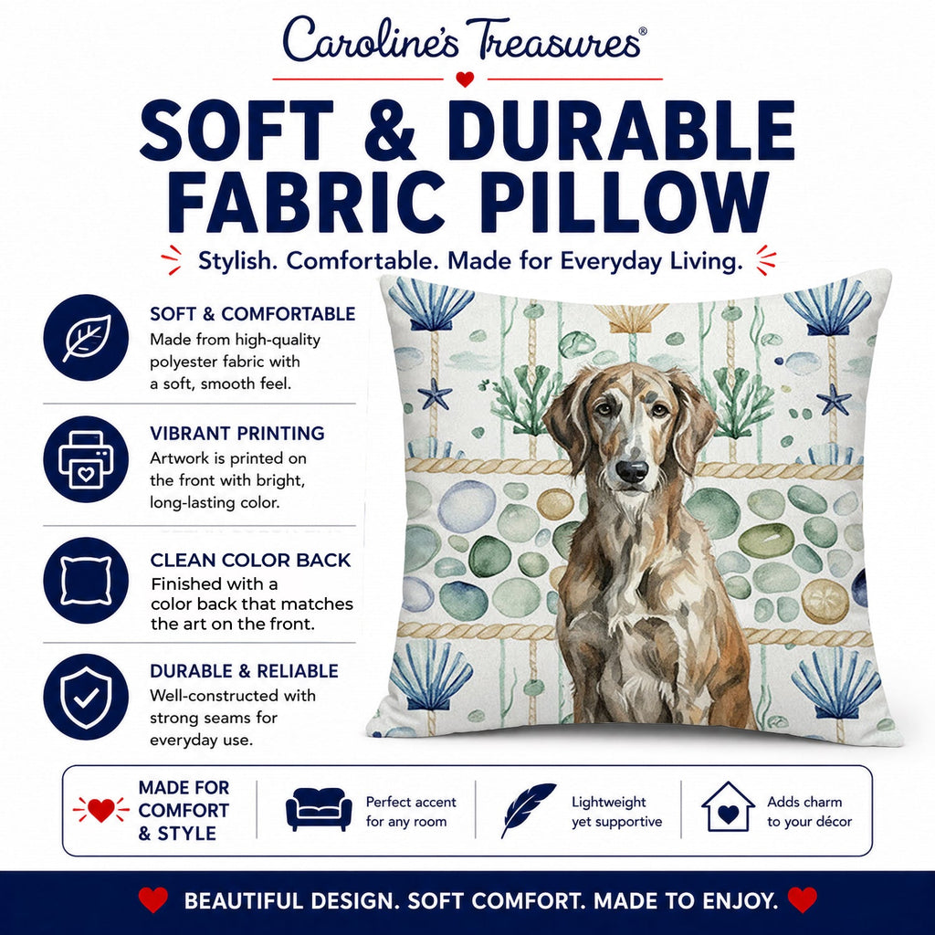 Brindle Scottish Deerhound Coastal Sea Glass Decorative Throw Pillow 14x14 Indoor Outdoor Accent Cushion, Fabric Cover with Insert for Sofa, Bed, Porch & Living Room