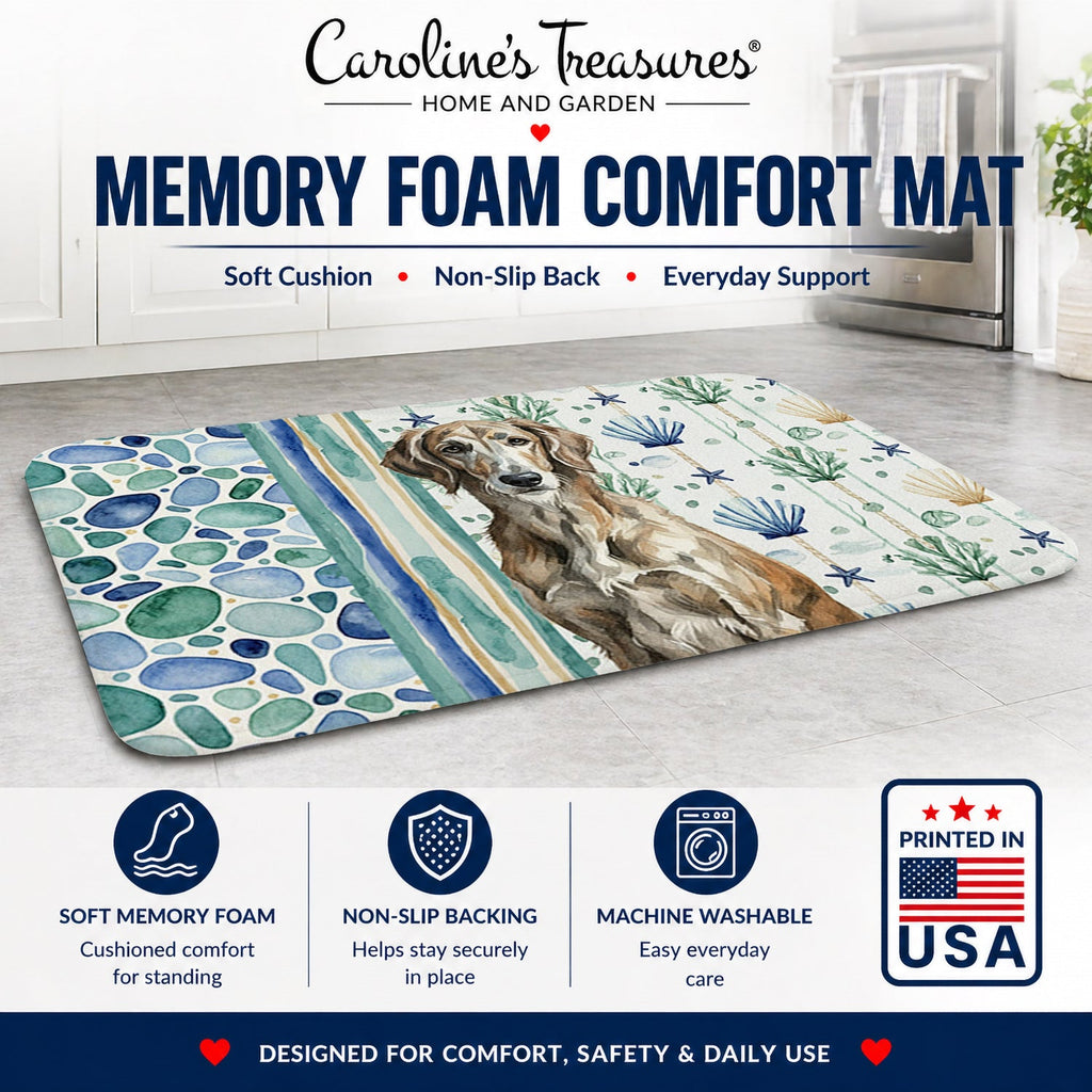 Brindle Scottish Deerhound Coastal Sea Glass Memory Foam Kitchen Mat Machine Washable Anti-Fatigue Cushion Comfort Bath or Kitchen Rug