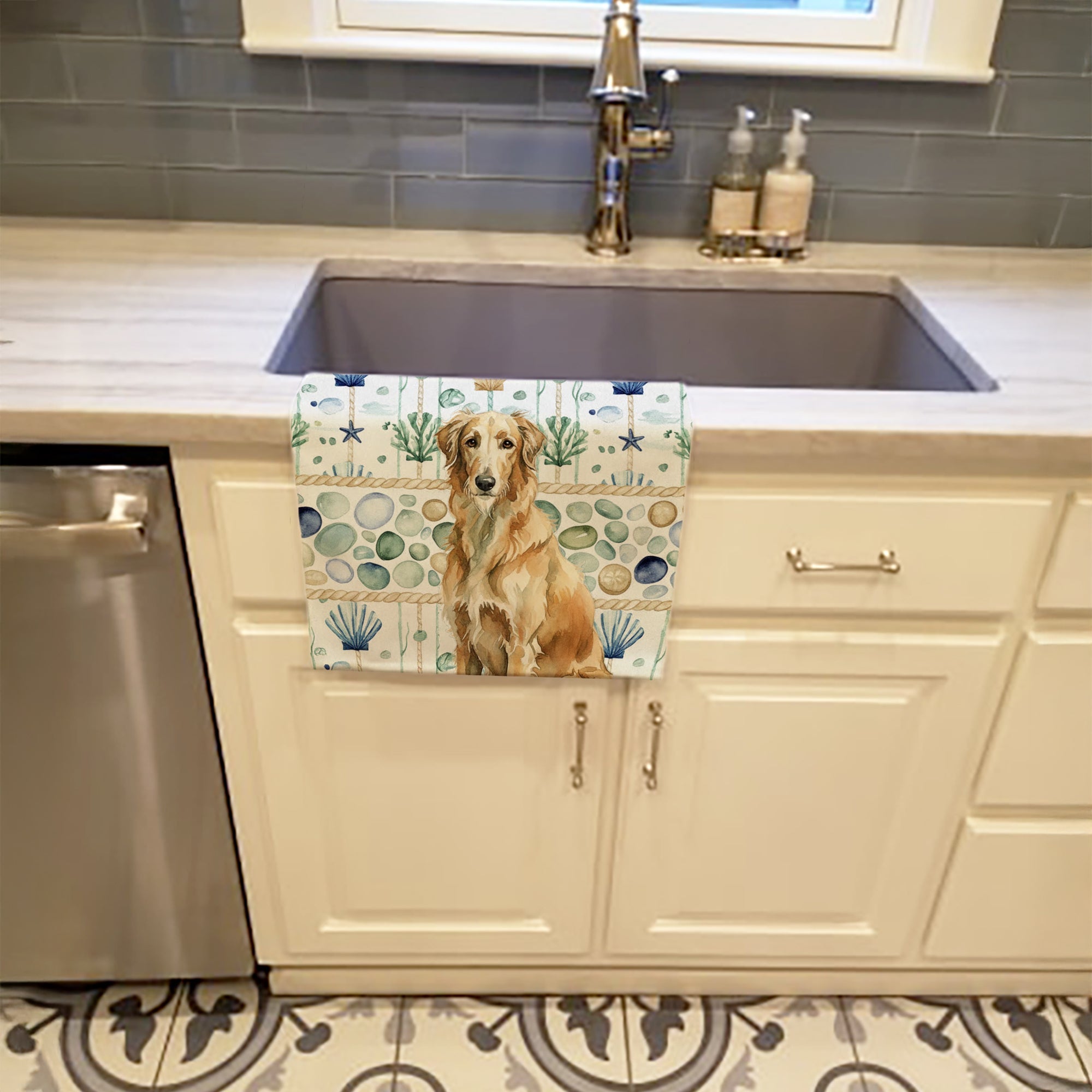 Wheaten Scottish Deerhound Coastal Sea Glass Kitchen Towel Velour Plush Front and Cotton Loop Back Machine Washable