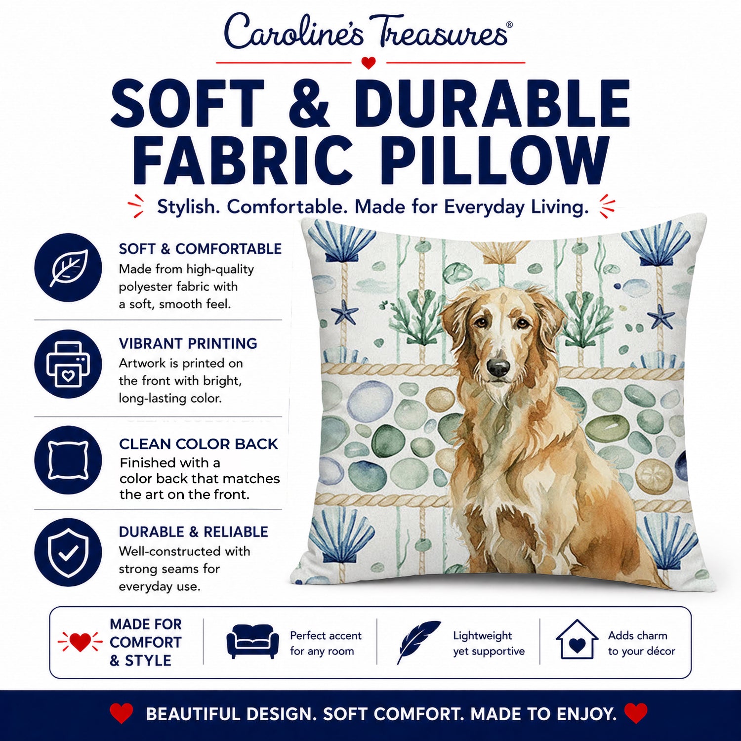 Wheaten Scottish Deerhound Coastal Sea Glass Decorative Throw Pillow 18x18 Indoor Outdoor Accent Cushion, Fabric Cover with Insert for Sofa, Bed, Porch & Living Room