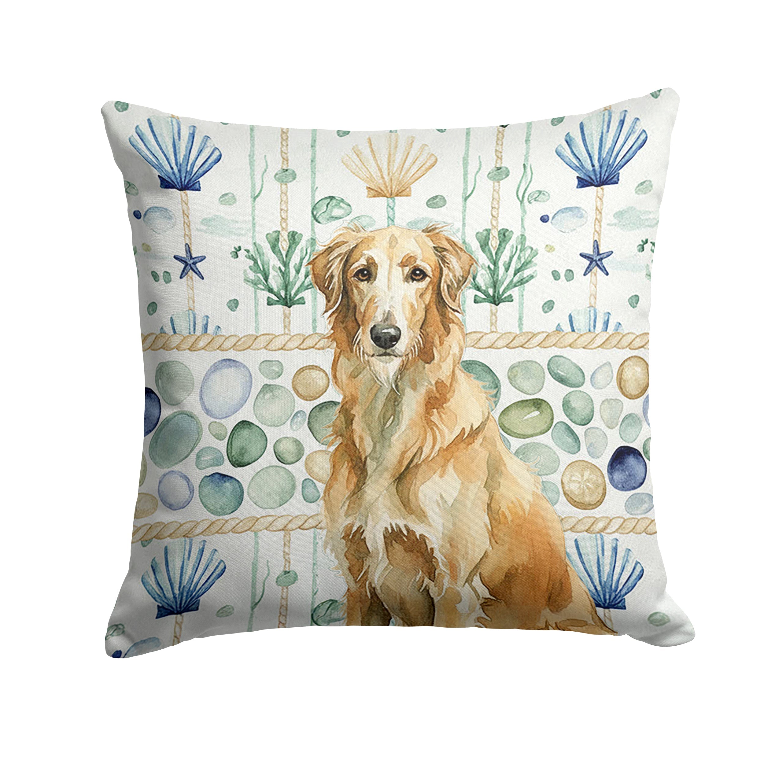 Wheaten Scottish Deerhound Coastal Sea Glass Decorative Throw Pillow 18x18 Indoor Outdoor Accent Cushion, Fabric Cover with Insert for Sofa, Bed, Porch & Living Room