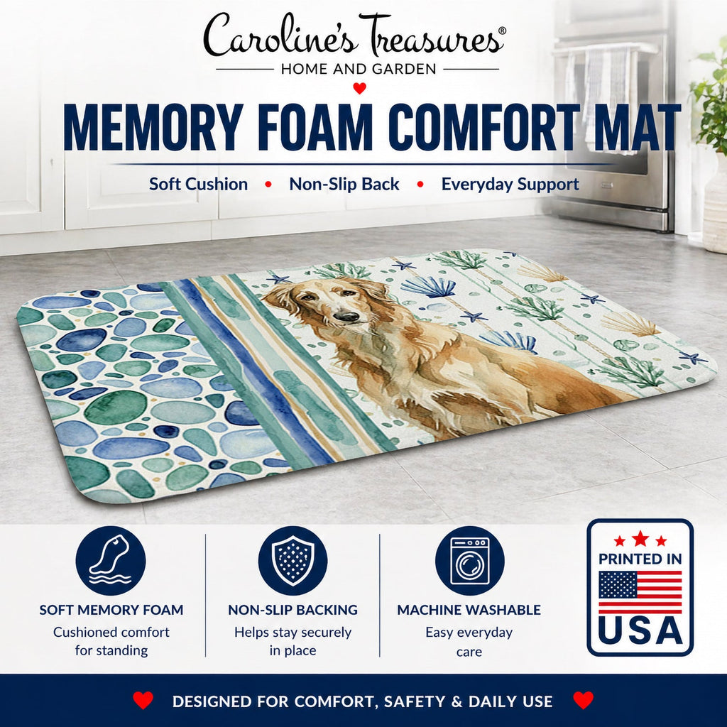 Wheaten Scottish Deerhound Coastal Sea Glass Memory Foam Kitchen Mat Machine Washable Anti-Fatigue Cushion Comfort Bath or Kitchen Rug