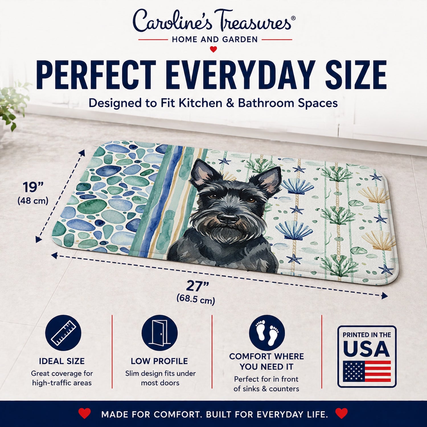 Scottish Terrier Coastal Sea Glass Memory Foam Kitchen Mat Machine Washable Anti-Fatigue Cushion Comfort Bath or Kitchen Rug