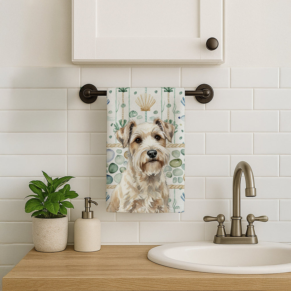 Sealyham Terrier Coastal Sea Glass Kitchen Towel Velour Plush Front and Cotton Loop Back Machine Washable