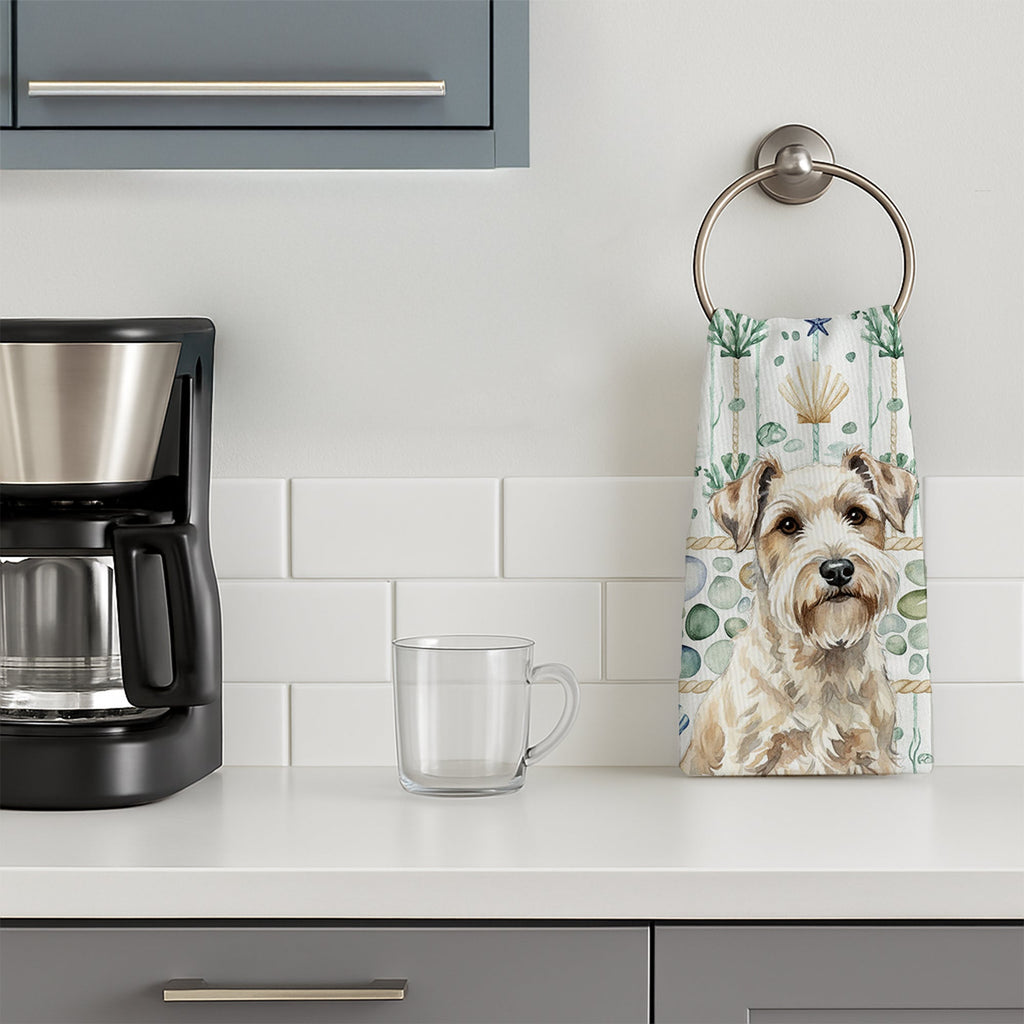 Sealyham Terrier Coastal Sea Glass Kitchen Towel Velour Plush Front and Cotton Loop Back Machine Washable