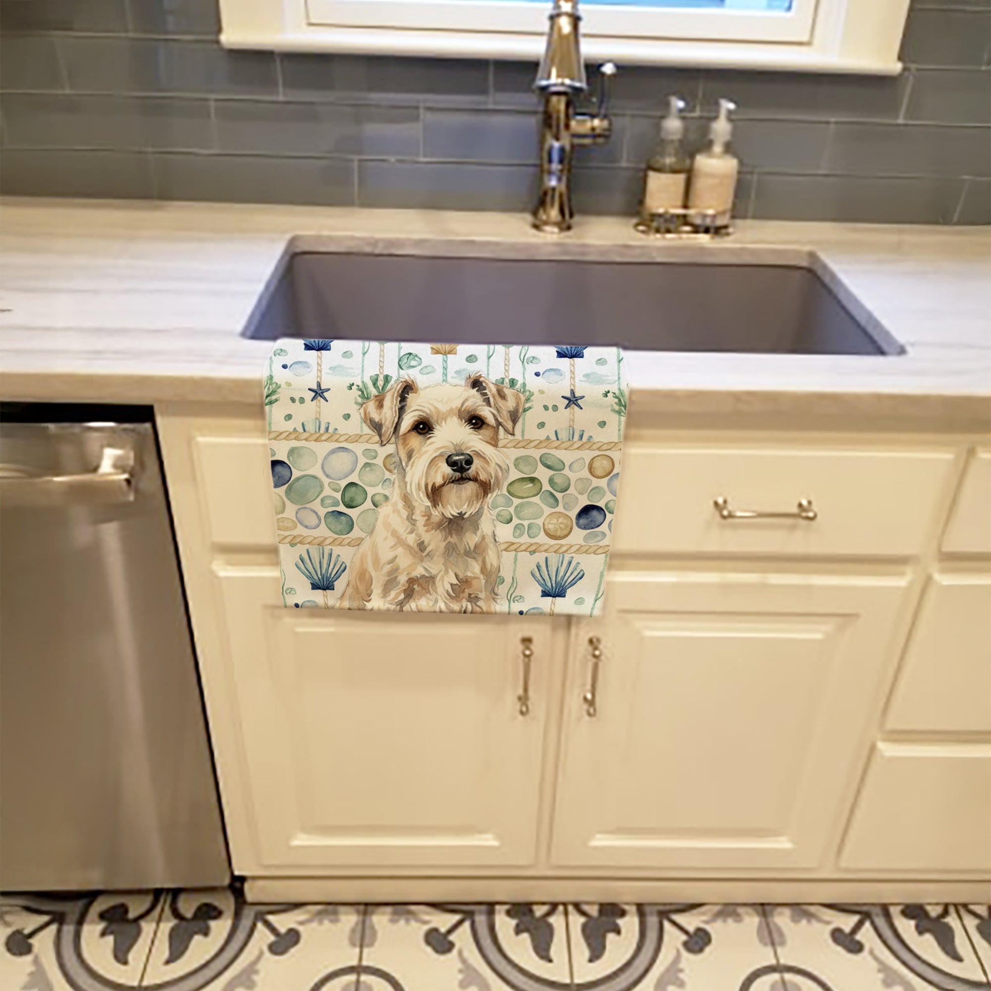 Sealyham Terrier Coastal Sea Glass Kitchen Towel Velour Plush Front and Cotton Loop Back Machine Washable