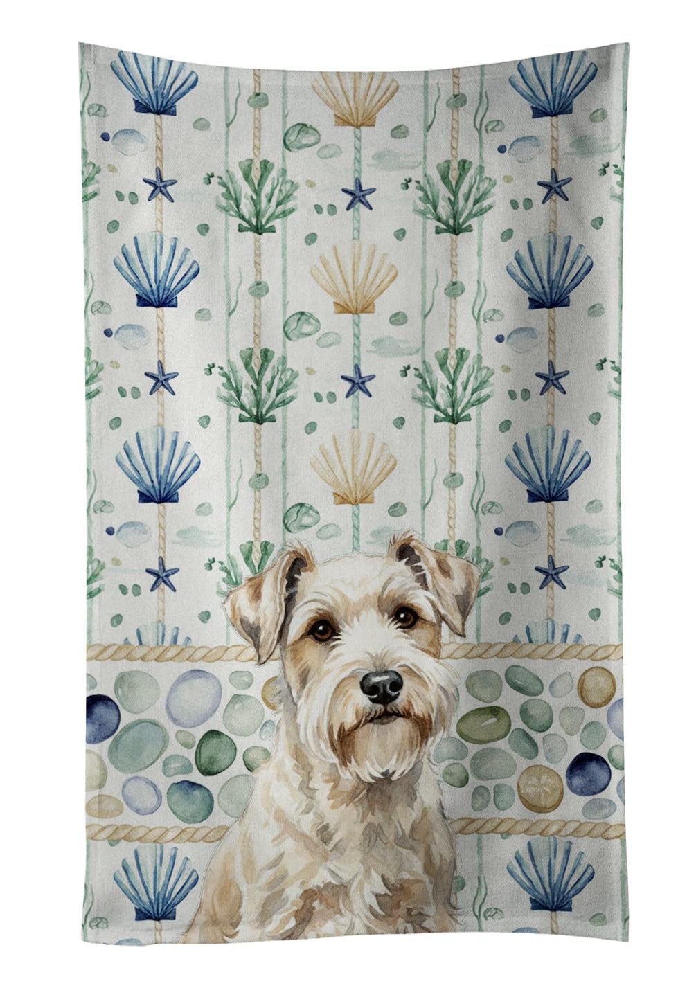 Sealyham Terrier Coastal Sea Glass Kitchen Towel Velour Plush Front and Cotton Loop Back Machine Washable
