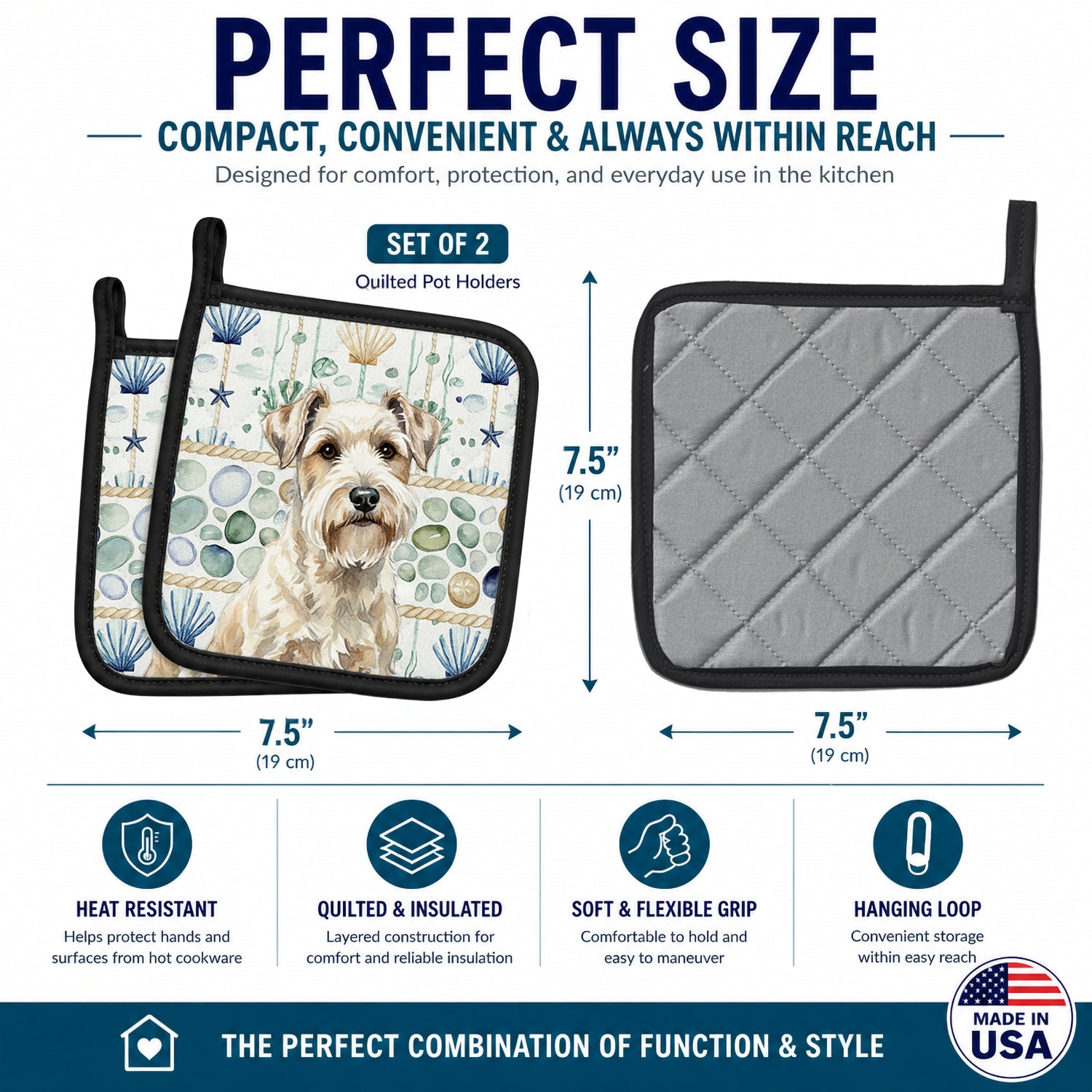 Sealyham Terrier Coastal Sea Glass Pot Holder Set of 2 Heat Resistant Quilted Hot Pads 7.5 x 7.5 Inch, Insulated Kitchen Trivets for Cooking & Baking