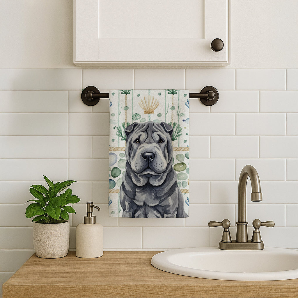 Black Shar Pei Coastal Sea Glass Kitchen Towel Velour Plush Front and Cotton Loop Back Machine Washable