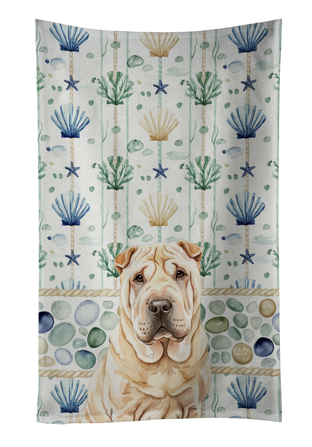 Shar Pei Coastal Sea Glass Kitchen Towel Velour Plush Front and Cotton Loop Back Machine Washable