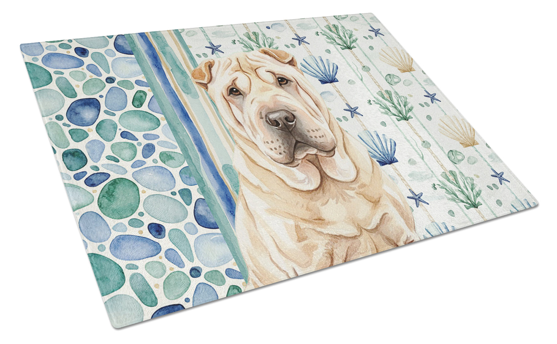 Shar Pei Coastal Sea Glass Cutting Board Tempered Glass Kitchen Cutting Surface, Heat Resistant Chopping, Non-Slip Feet, Food Prep & Serving