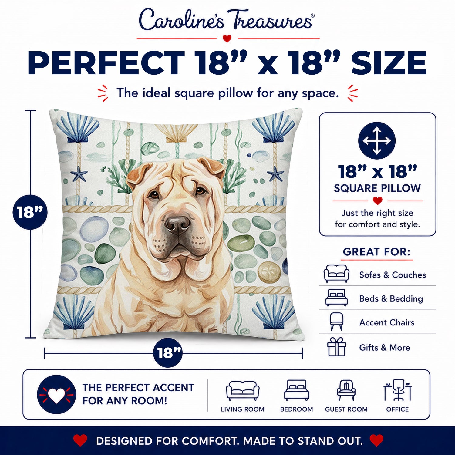Shar Pei Coastal Sea Glass Decorative Throw Pillow 18x18 Indoor Outdoor Accent Cushion, Fabric Cover with Insert for Sofa, Bed, Porch & Living Room
