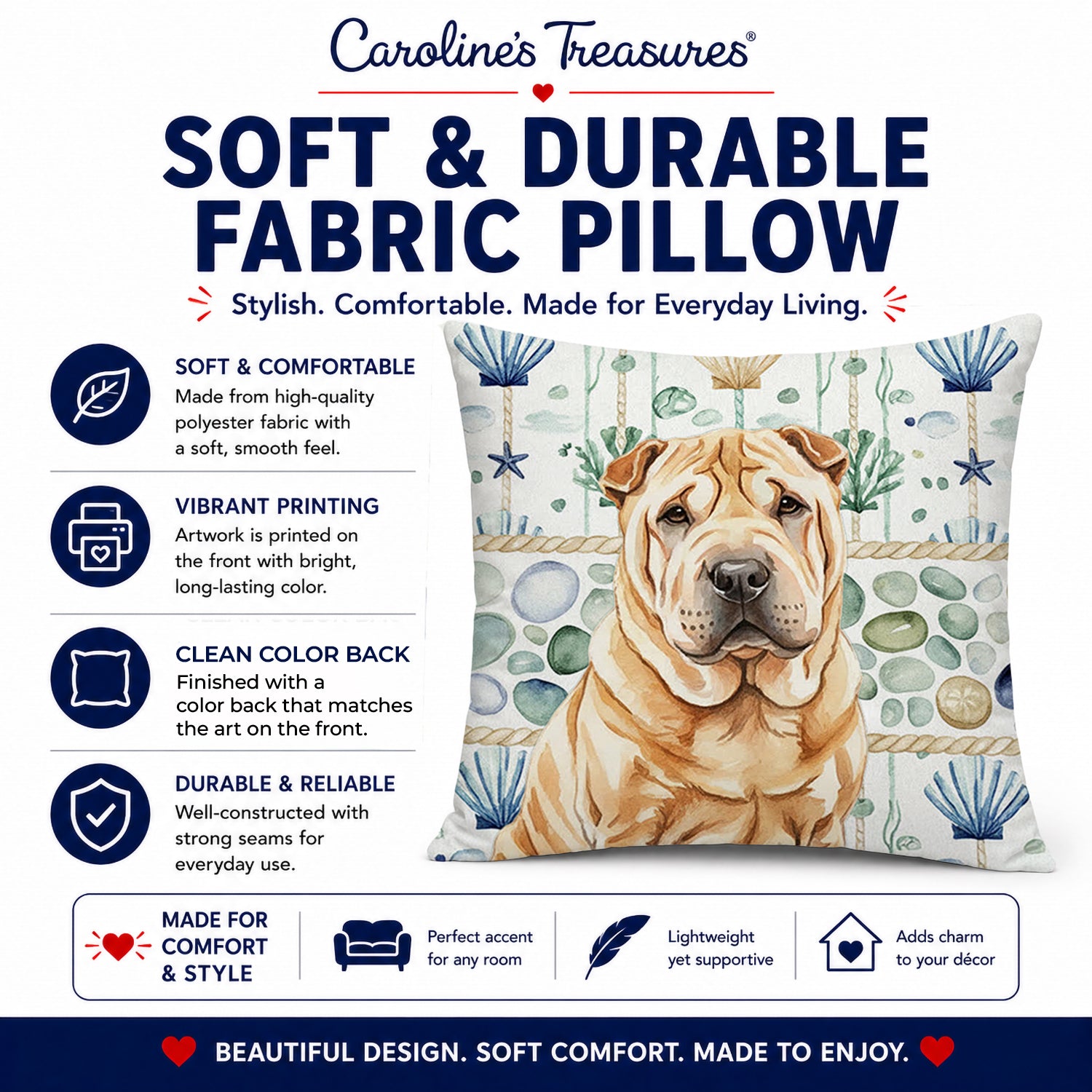 Red Shar Pei Coastal Sea Glass Decorative Throw Pillow 14x14 Indoor Outdoor Accent Cushion, Fabric Cover with Insert for Sofa, Bed, Porch & Living Room