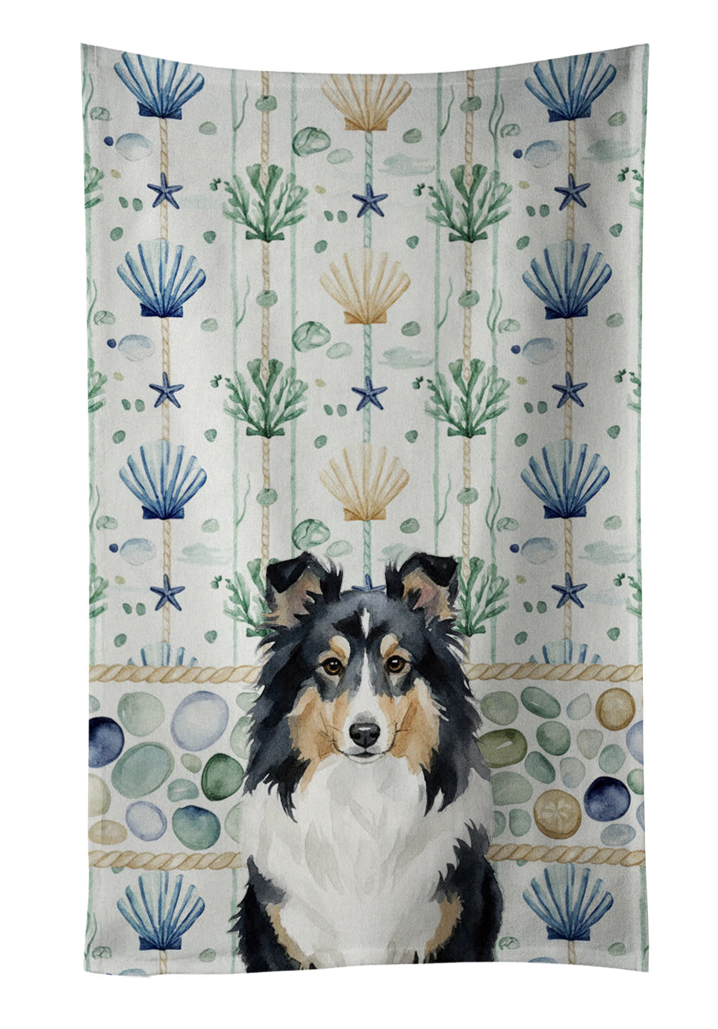 Tricolor Sheltie Coastal Sea Glass Kitchen Towel Velour Plush Front and Cotton Loop Back Machine Washable