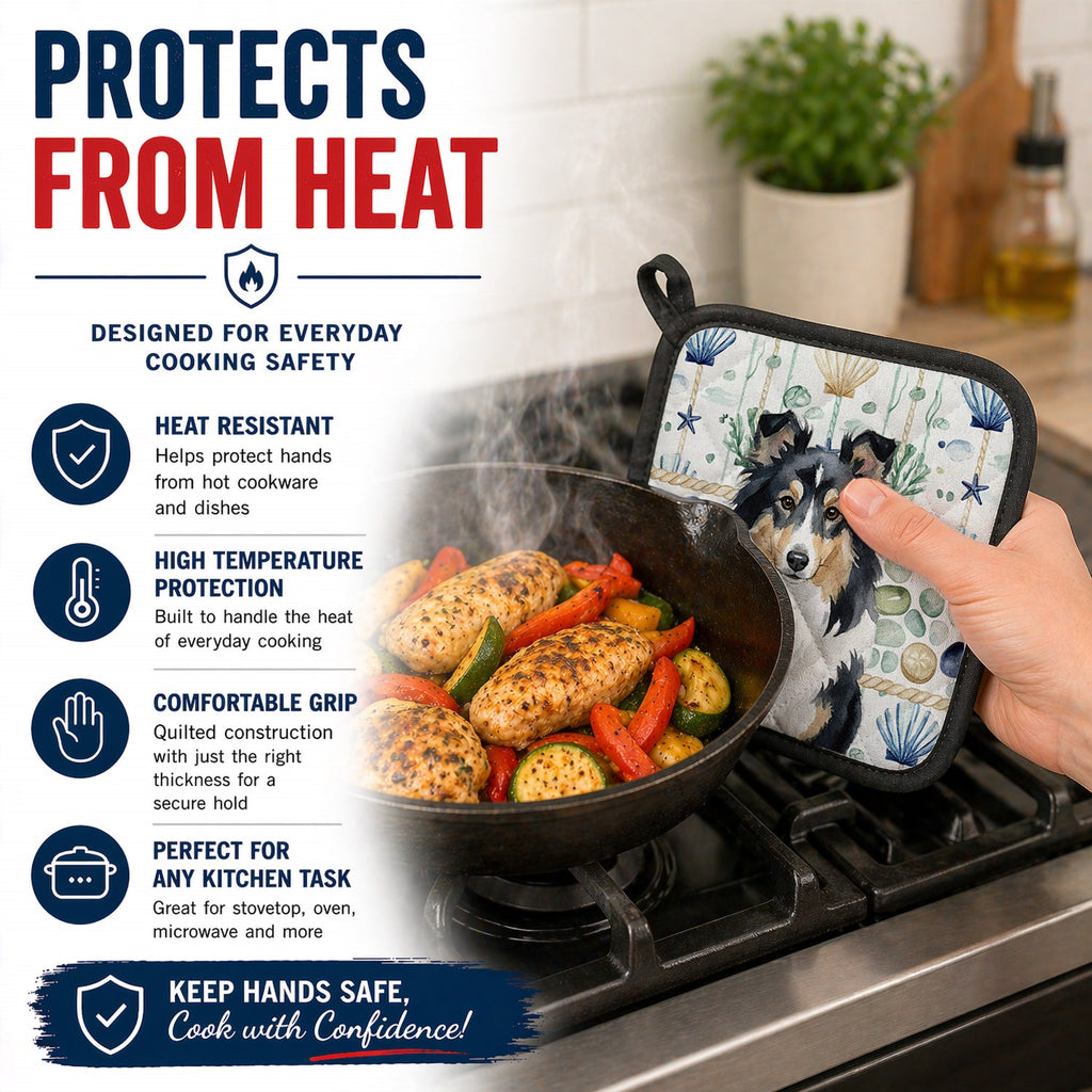 Tricolor Sheltie Coastal Sea Glass Pot Holder Set of 2 Heat Resistant Quilted Hot Pads 7.5 x 7.5 Inch, Insulated Kitchen Trivets for Cooking & Baking