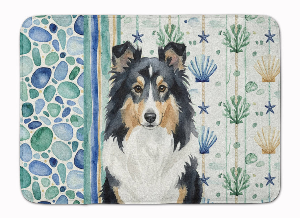 Tricolor Sheltie Coastal Sea Glass Memory Foam Kitchen Mat Machine Washable Anti-Fatigue Cushion Comfort Bath or Kitchen Rug