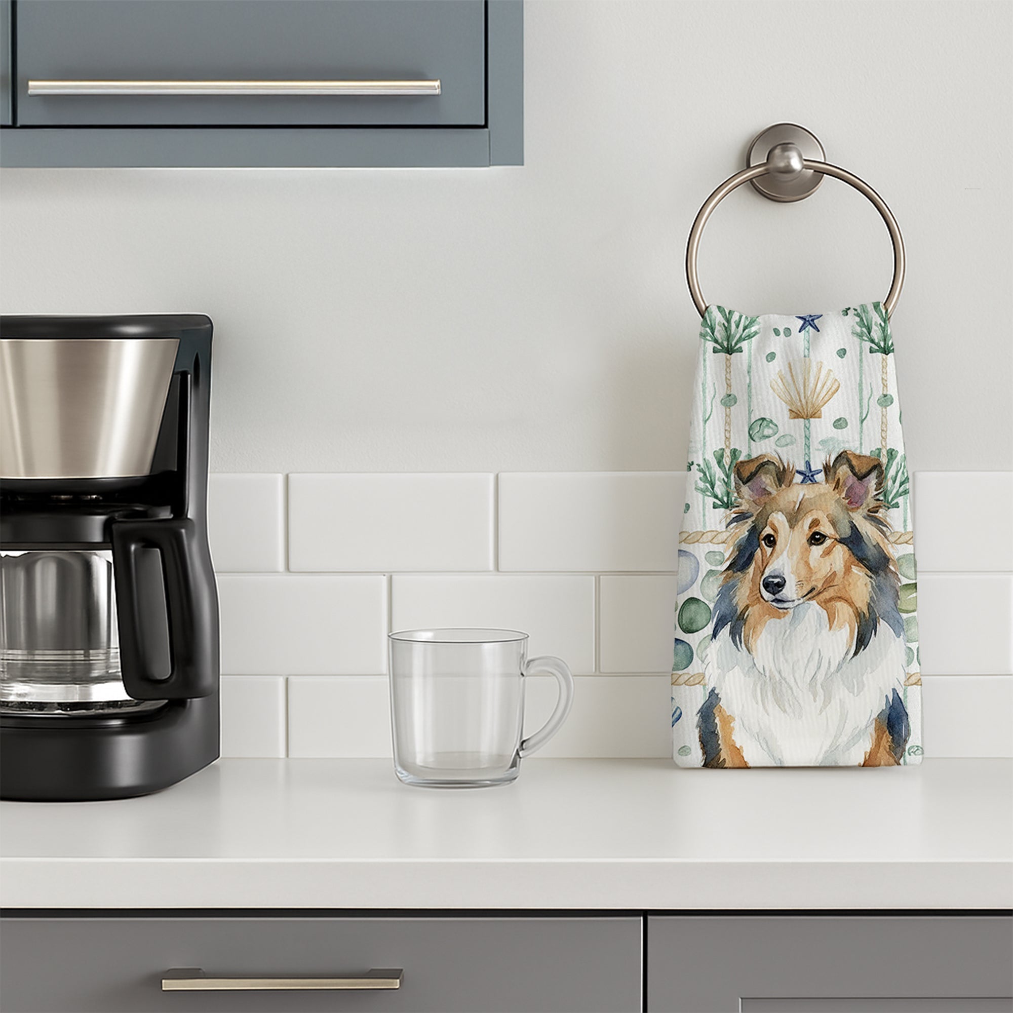 Sable Sheltie Coastal Sea Glass Kitchen Towel Velour Plush Front and Cotton Loop Back Machine Washable