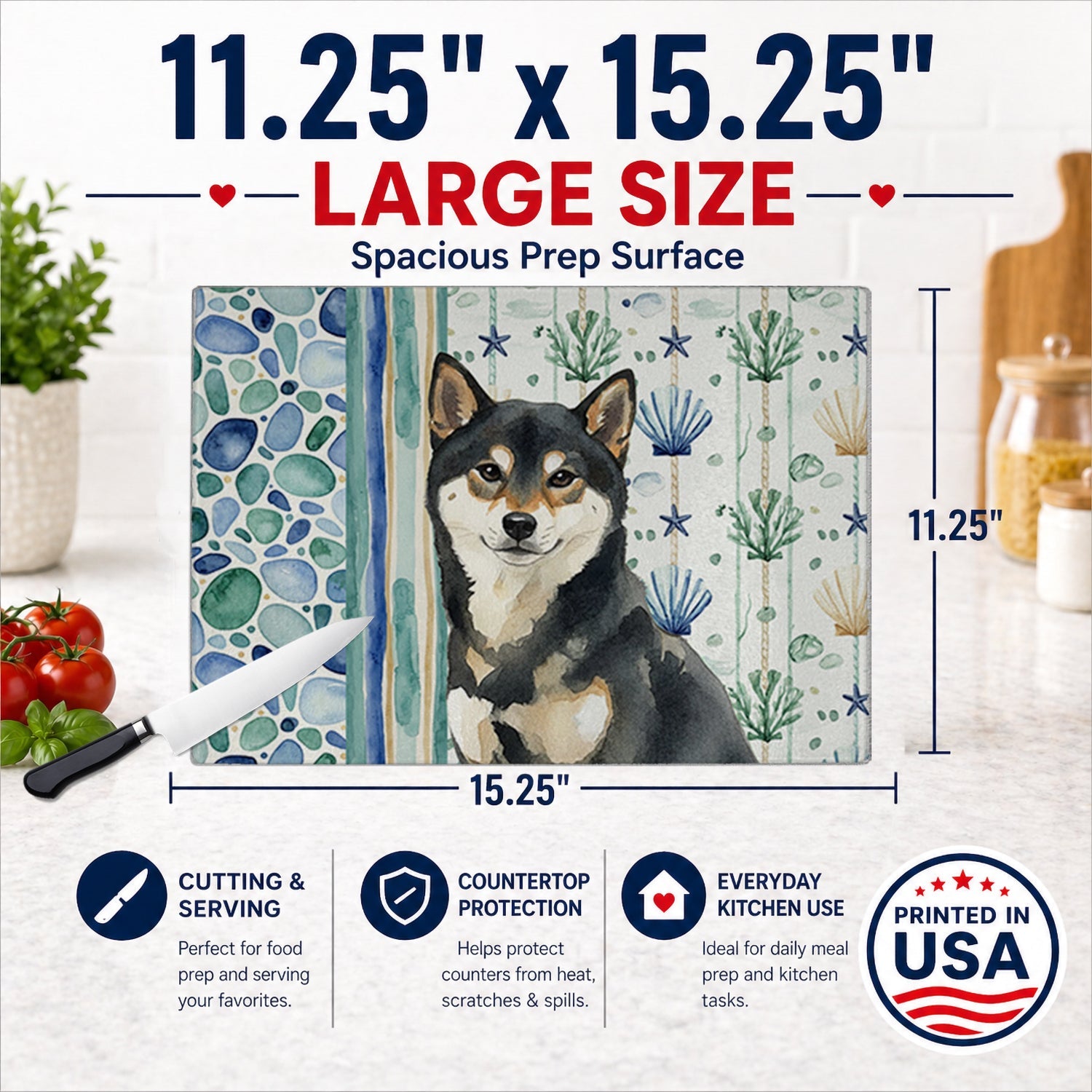 Black and Tan Shiba Inu Coastal Sea Glass Cutting Board Tempered Glass Kitchen Cutting Surface, Heat Resistant Chopping, Non-Slip Feet, Food Prep & Serving