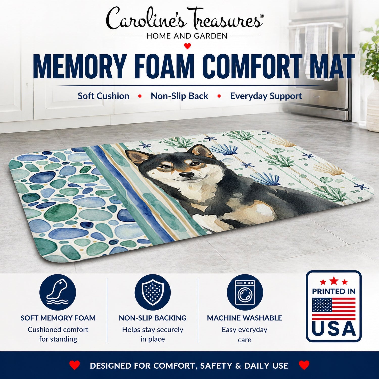 Black and Tan Shiba Inu Coastal Sea Glass Memory Foam Kitchen Mat Machine Washable Anti-Fatigue Cushion Comfort Bath or Kitchen Rug